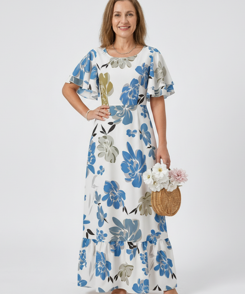 Nathalie | Rochie maxi cu mânecă scurtă și gât rotund
